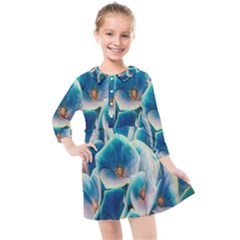 Hydrangeas-blossom-bloom-blue Kids  Quarter Sleeve Shirt Dress by Ravend