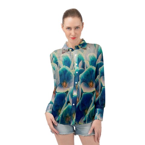 Hydrangeas-blossom-bloom-blue Long Sleeve Chiffon Shirt by Ravend