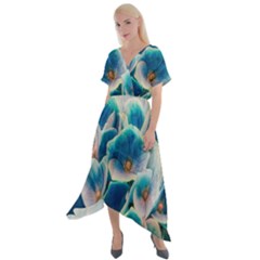 Hydrangeas-blossom-bloom-blue Cross Front Sharkbite Hem Maxi Dress by Ravend