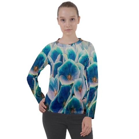 Hydrangeas-blossom-bloom-blue Women s Long Sleeve Raglan Tee by Ravend