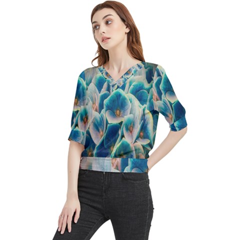 Hydrangeas-blossom-bloom-blue Quarter Sleeve Blouse by Ravend