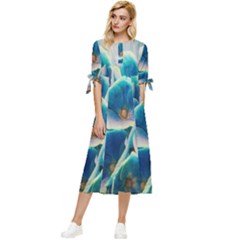 Hydrangeas-blossom-bloom-blue Bow Sleeve Chiffon Midi Dress by Ravend