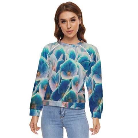 Hydrangeas-blossom-bloom-blue Women s Long Sleeve Raglan Tee by Ravend