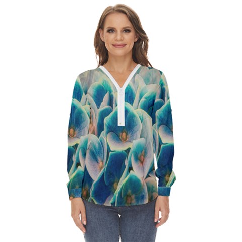 Hydrangeas-blossom-bloom-blue Zip Up Long Sleeve Blouse by Ravend