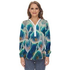 Hydrangeas-blossom-bloom-blue Zip Up Long Sleeve Blouse