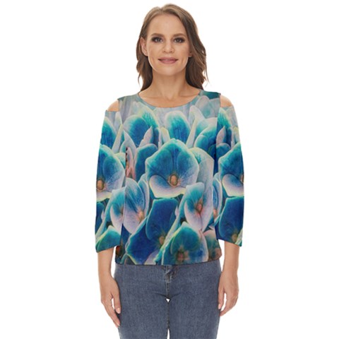 Hydrangeas-blossom-bloom-blue Cut Out Wide Sleeve Top by Ravend