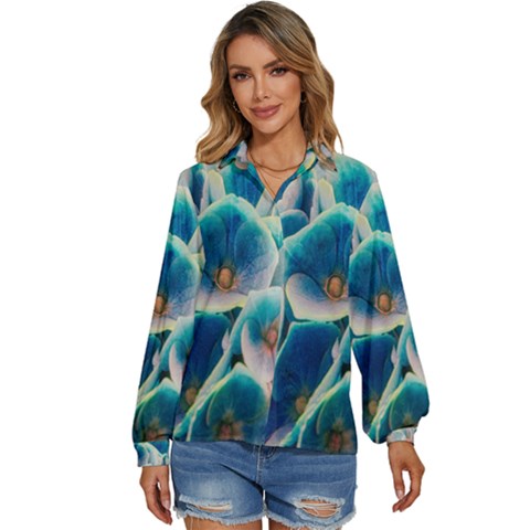 Hydrangeas-blossom-bloom-blue Women s Long Sleeve Button Down Shirt by Ravend