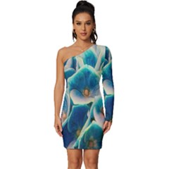 Hydrangeas-blossom-bloom-blue Long Sleeve One Shoulder Mini Dress by Ravend