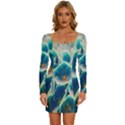 Hydrangeas-blossom-bloom-blue Long Sleeve Square Neck Bodycon Velour Dress View1