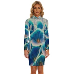 Hydrangeas-blossom-bloom-blue Long Sleeve Shirt Collar Bodycon Dress