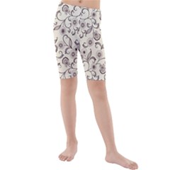 White And Brown Floral Wallpaper Flowers Background Pattern Kids  Mid Length Swim Shorts