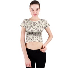 White And Brown Floral Wallpaper Flowers Background Pattern Crew Neck Crop Top