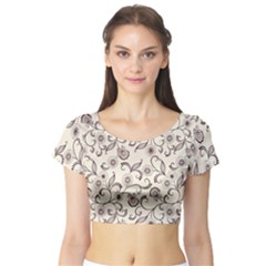 White And Brown Floral Wallpaper Flowers Background Pattern Short Sleeve Crop Top