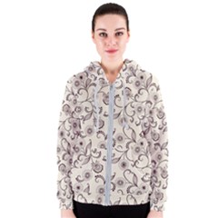 White And Brown Floral Wallpaper Flowers Background Pattern Women s Zipper Hoodie