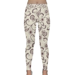 White And Brown Floral Wallpaper Flowers Background Pattern Classic Yoga Leggings