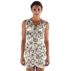 White And Brown Floral Wallpaper Flowers Background Pattern Wrap Front Bodycon Dress