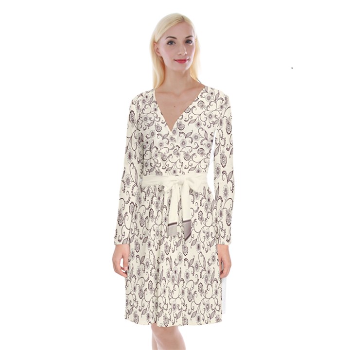 White And Brown Floral Wallpaper Flowers Background Pattern Long Sleeve Velvet Front Wrap Dress