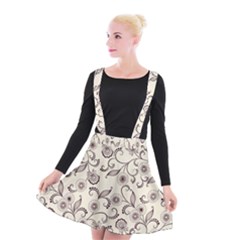 White And Brown Floral Wallpaper Flowers Background Pattern Suspender Skater Skirt