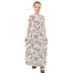 White And Brown Floral Wallpaper Flowers Background Pattern Kids  Short Sleeve Maxi Dress by Jancukart