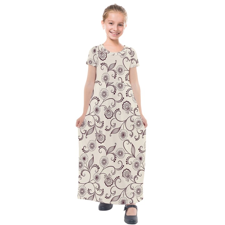 White And Brown Floral Wallpaper Flowers Background Pattern Kids  Short Sleeve Maxi Dress