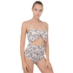 White And Brown Floral Wallpaper Flowers Background Pattern Scallop Top Cut Out Swimsuit