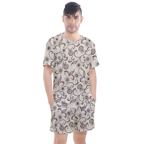 White And Brown Floral Wallpaper Flowers Background Pattern Men s Mesh Tee And Shorts Set by Jancukart