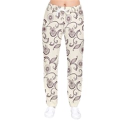 White And Brown Floral Wallpaper Flowers Background Pattern Women Velvet Drawstring Pants