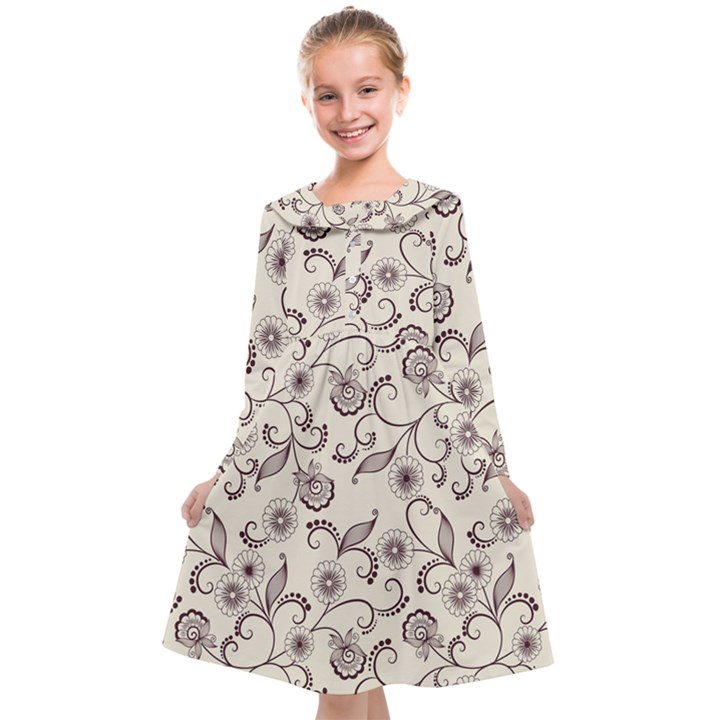 White And Brown Floral Wallpaper Flowers Background Pattern Kids  Midi Sailor Dress