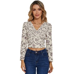 White And Brown Floral Wallpaper Flowers Background Pattern Long Sleeve V-neck Top