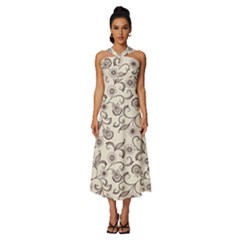 White And Brown Floral Wallpaper Flowers Background Pattern Sleeveless Cross Front Cocktail Midi Chiffon Dress