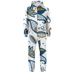 Flowers Blue Texture Style Batik Hooded Jumpsuit (men)