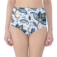 Flowers Blue Texture Style Batik Classic High-waist Bikini Bottoms