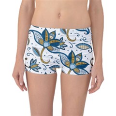 Flowers Blue Texture Style Batik Reversible Boyleg Bikini Bottoms