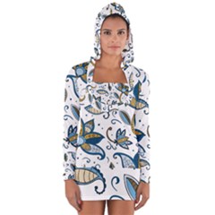 Flowers Blue Texture Style Batik Long Sleeve Hooded T-shirt