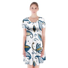 Flowers Blue Texture Style Batik Short Sleeve V-neck Flare Dress