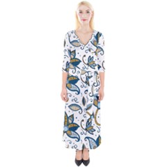 Flowers Blue Texture Style Batik Quarter Sleeve Wrap Maxi Dress