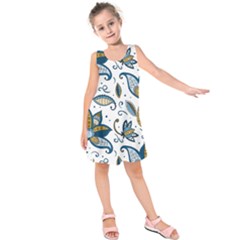 Flowers Blue Texture Style Batik Kids  Sleeveless Dress by Jancukart