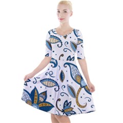 Flowers Blue Texture Style Batik Quarter Sleeve A-line Dress