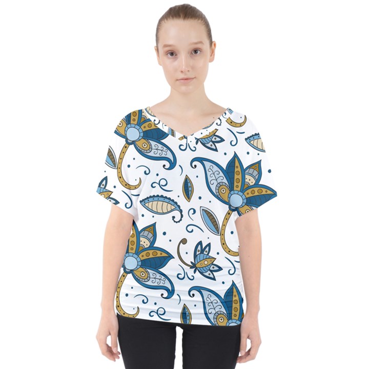 Flowers Blue Texture Style Batik V-Neck Dolman Drape Top