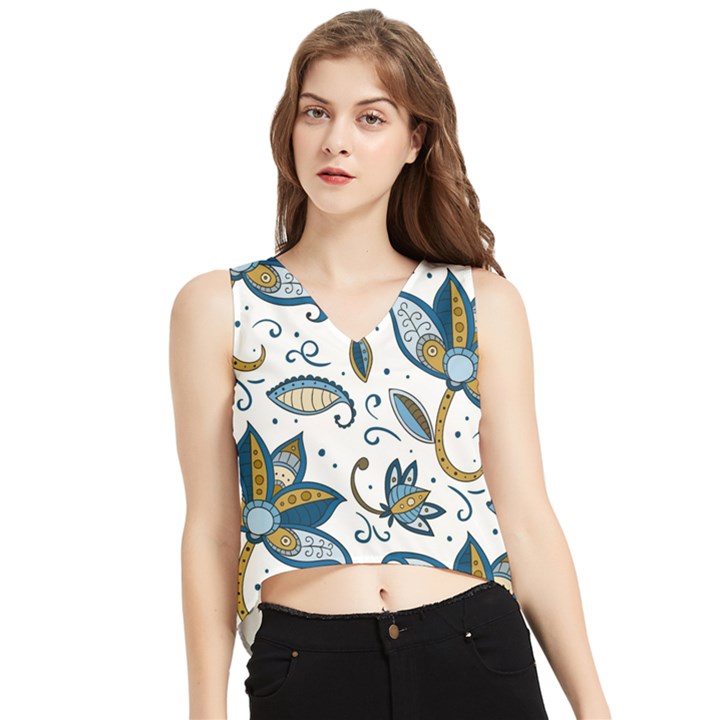 Flowers Blue Texture Style Batik V-Neck Cropped Tank Top