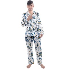 Flowers Blue Texture Style Batik Men s Long Sleeve Satin Pajamas Set by Jancukart