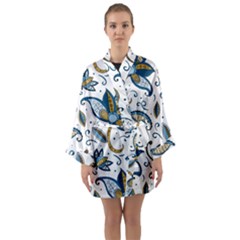 Flowers Blue Texture Style Batik Long Sleeve Satin Kimono