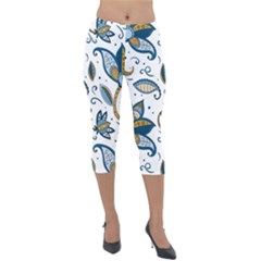 Flowers Blue Texture Style Batik Lightweight Velour Capri Leggings 