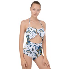 Flowers Blue Texture Style Batik Scallop Top Cut Out Swimsuit