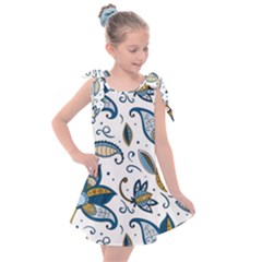 Flowers Blue Texture Style Batik Kids  Tie Up Tunic Dress