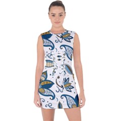 Flowers Blue Texture Style Batik Lace Up Front Bodycon Dress