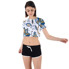 Flowers Blue Texture Style Batik Tie Back Short Sleeve Crop Tee