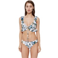 Flowers Blue Texture Style Batik Low Cut Ruffle Edge Bikini Set