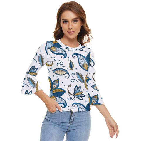 Flowers Blue Texture Style Batik Bell Sleeve Top by Jancukart