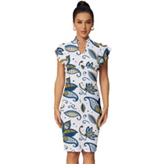 Flowers Blue Texture Style Batik Vintage Frill Sleeve V-neck Bodycon Dress